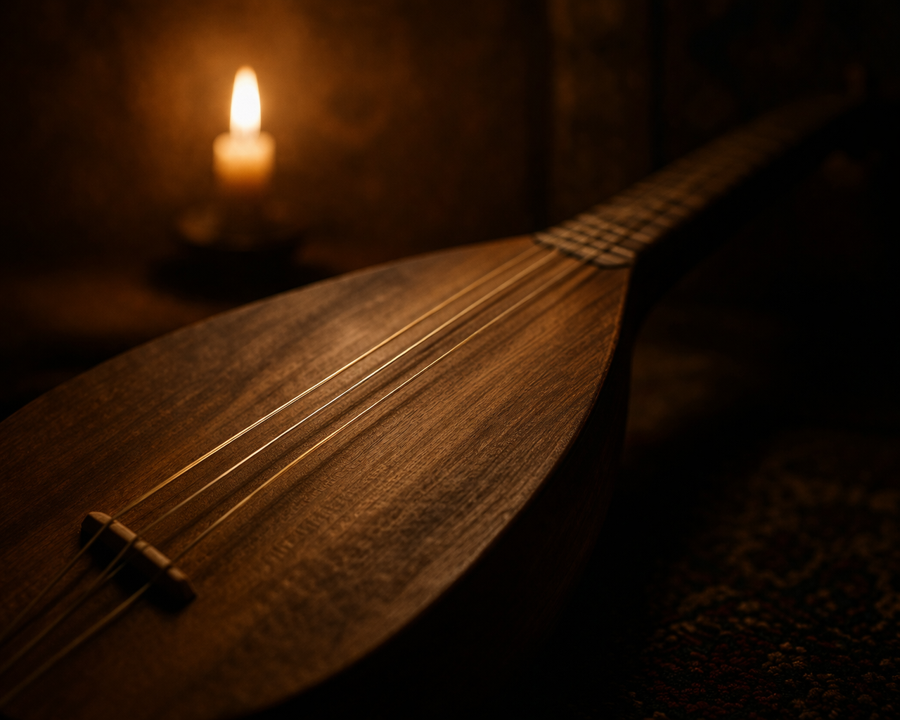 Close-up of saz construction and strings